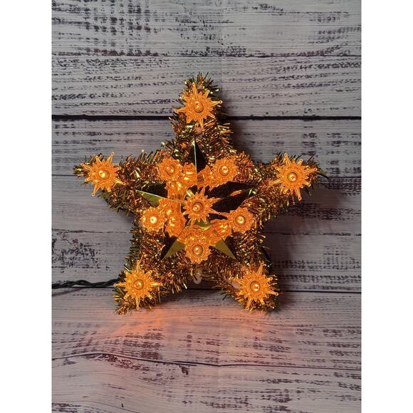 Vintage Christmas Star Tree Topper 11 multicolor lights Gold tinsel WORKS - Picture 1 of 4